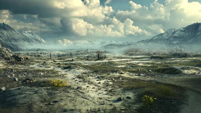 Landscape transformed by nuclear fallout showcasing barren terrain and distant mountains under a cloudy sky, landscape scarred by nuclear fallout, Seamless ing video background