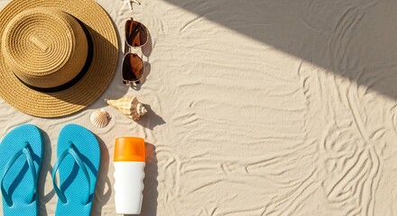 Summer Essentials Beach Hat, Sunglasses, Flip-Flops, Sunscreen, and Seashells on Sunny Sand