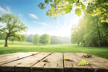Sunny Morning in Forest Park with Wooden Deck Table