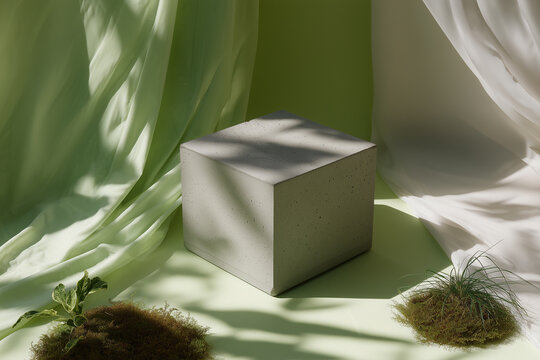 Raw concrete block pedestal on sage green background, soft diffused shadows, clean setup
 - Powered by Adobe