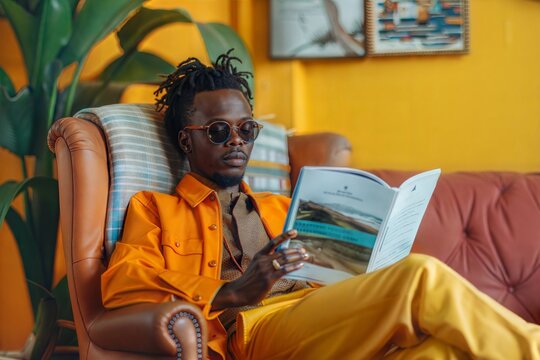 An African man reading a magazine while sitting comfortably in an armchair, showcasing relaxation and leisure in a stylish setting.
