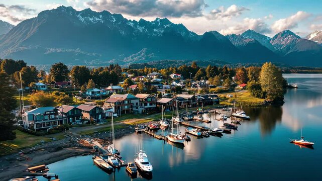 Dramatic aerial view of Manapouri town and stunning mountains in New Zealand at sunset, Manapouri town from a drone in New Zealand with mountains in the background