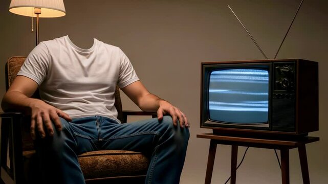 A person without a head sitting on a vintage chair, watching a static-filled television in a dimly lit room