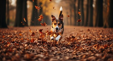 Joyful Autumn Run Dog Leaping Through Falling Leaves in a Golden Forest