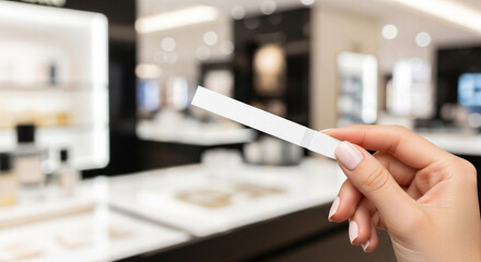 Woman's hand holding a white perfume test strip in a blurred luxury boutique, sampling fragrances and cosmetics. Focus on scent testing in store.