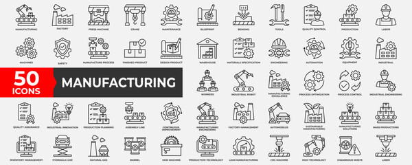 Manufacturing icon collection set. Containing manufacture, production, goods, product, management, business, infrastructure icon. Simple line vector illustration.