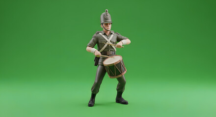 Fototapeta premium Toy Soldier Playing Drum on Green Background