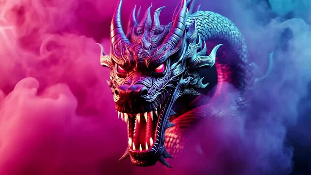 Dynamic blue dragon emerges through colorful, swirling smoke in a captivating display of movement, moving dragons and colored smoke seamless ing time lapse virtual video Background