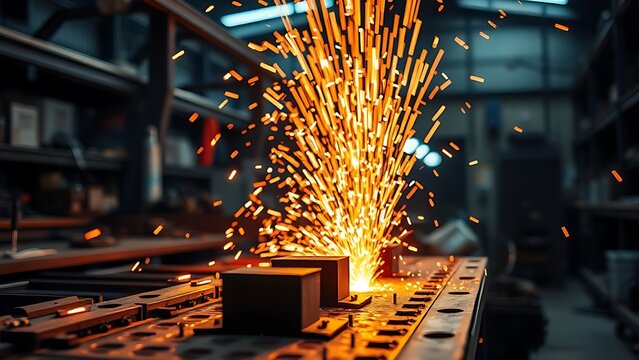 A close-up of a metal workshop with glowing sparks and dramatic lighting.
