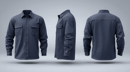 Navy blue resistant work shirt mockup template with front, side, back views on grey background
