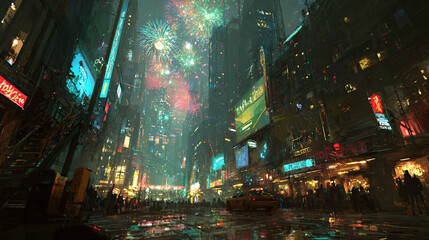 Obraz premium Futuristic Cityscape at Night with Fireworks and Crowds