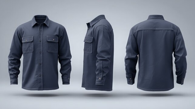 Navy blue resistant work shirt mockup template with front, side, back views on grey background
