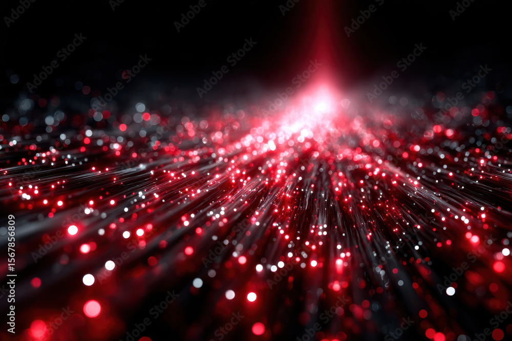 Poster vibrant red and white particles create a mesmerizing light display in dark background