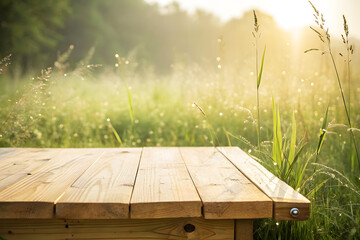 Empty Wooden Deck in Dewy Field at Sunrise