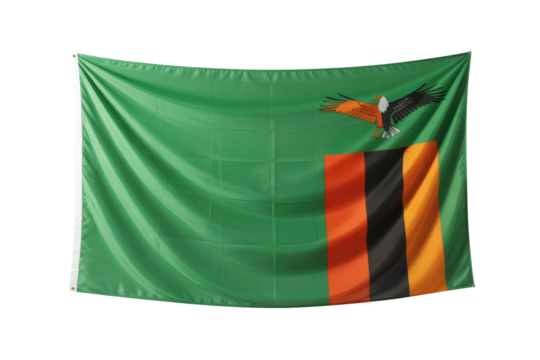 Waving Zambia flag features green background, flying African fish eagle and symbolic stripes in orange and black against a transparent background
