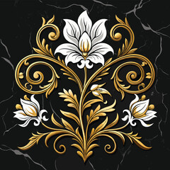 Elegant White and Gold Floral Design Black Marble Relief Illustration