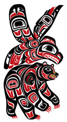 Northwest Coast Totem Art: Raven and Bear, Symbolism of First Nations Art with a Modern Twist in Black and Red