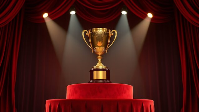 A golden trophy displayed on a velvet podium with dramatic award ceremony lighting.