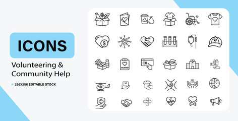 Collection of volunteering and community help icons in outline style
