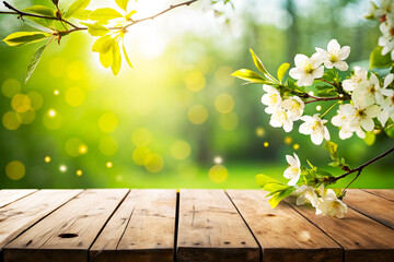 Product Display Wooden Table in Nature with White Petals and Grass
