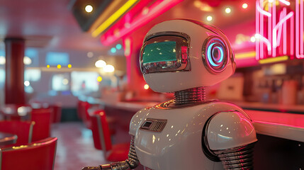 Diner with self-serving robot waiters, neon lights, and chrome details