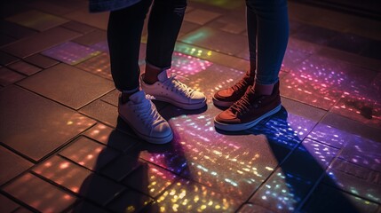 Two individuals in trendy sneakers stand on illuminated pavement with vibrant LED reflections. Perfect for urban fashion, youth culture, nightlife promotions, and city lifestyle themes