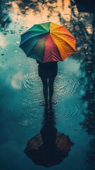 A person stands in the rain holding a vivid rainbow umbrella, reflected perfectly in a large puddle. Ideal for creative projects focused on solitude, seasons, or emotional expression