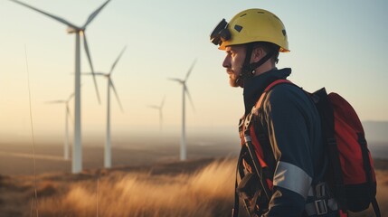 A technician in a yellow helmet and safety gear stands at a wind farm at sunset. Perfect for renewable energy, eco-technology, and sustainable industry themes