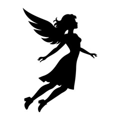 Silhouette of a Winged Woman Flying with Grace and Serenity in Black