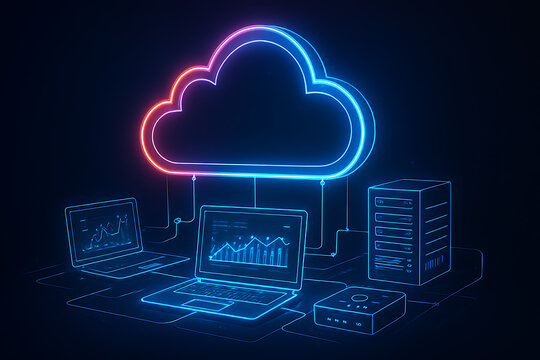 Neon cloud connection with glowing server and laptop computers illustrating secure online data storage and modern networking services