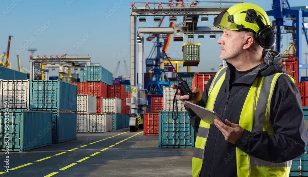 Poster dock supervisor in safety vest and helmet using walkie-talkie and tablet at busy container port mana