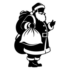 Black and White Vector Illustration of Santa Claus Carrying Bags of Gifts