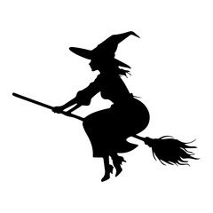 Silhouette of a classic witch flying on a broomstick in black and white