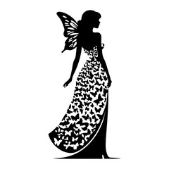 Silhouette of a beautiful fairy with butterfly wings and flowing gown