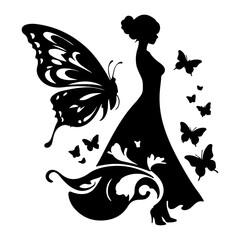 Silhouette of a Woman with Butterfly Wing and Floral Dress Design