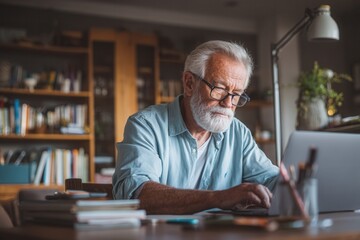 Focused elderly man working on a laptop at a desk in his cozy home office. Surrounded by books and natural light, this image is perfect for illustrating remote work, wisdom, and lifelong learning