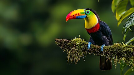 Colorful toucan perched on a mossy branch. Emerald green background