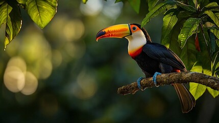 Fototapeta premium Colorful toucan perched on a branch in lush, sunlit forest