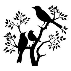 Silhouette of birds perched on a tree with leaves in black and white
