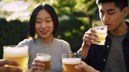 group of young diverse friends clinking foamy amber beverage glasses outdoors on sunny day. enjoyment and camaraderie on international beer day. party, social gathering