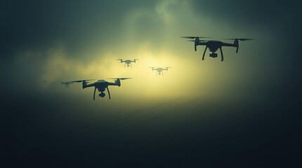 Drone Swarm with Foggy Sky, and Flight.