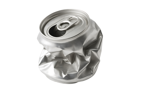Crushed aluminum soda can isolated on transparent background