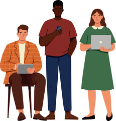 Fototapeta premium Diverse young adults using digital devices for communication and work in casual clothing vector illustration 