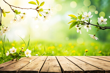 Wooden Table with Cherry Blossoms and Soft Spring Background