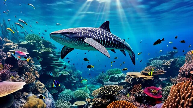 Whale shark swimming over colorful coral reef
