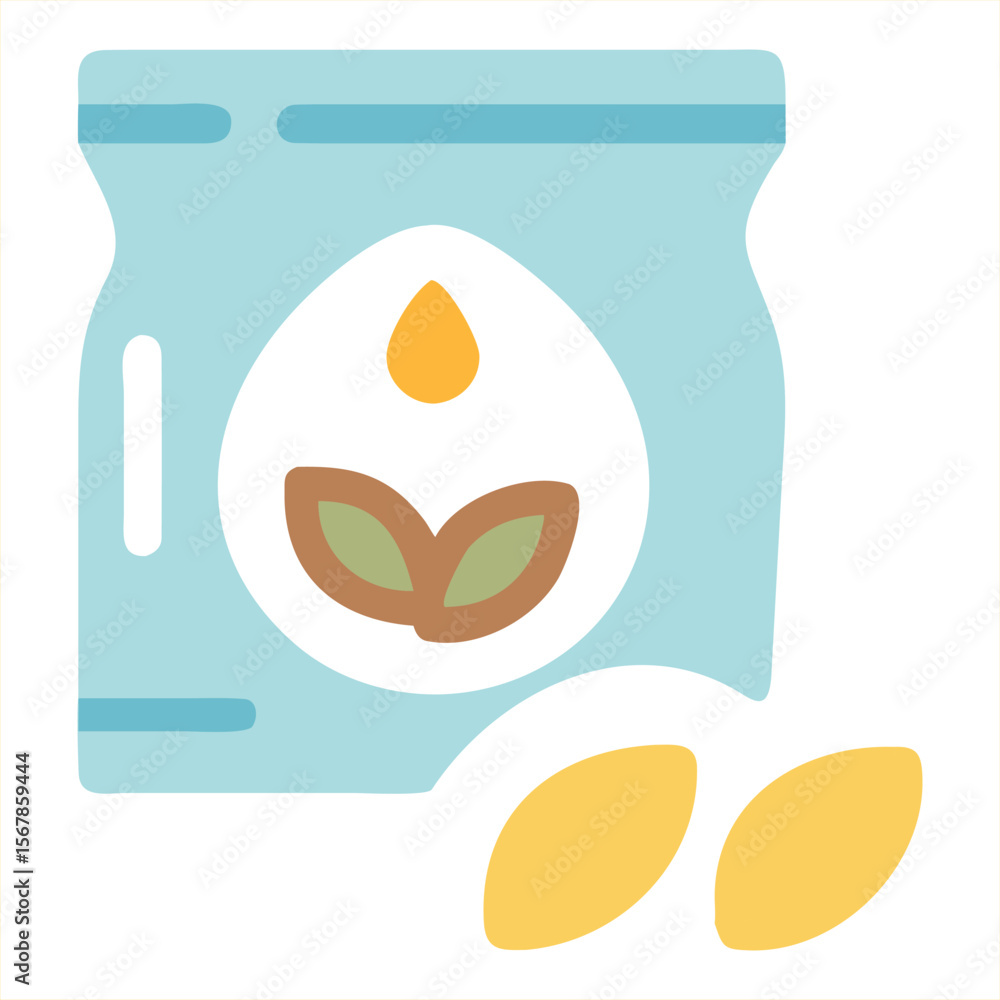 Poster stylized flat icon of a seed packet with a sprouting seed and a drop of liquid symbolizing growth an