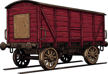 Vintage red wooden cargo train wagon with brown wheels vector illustration 