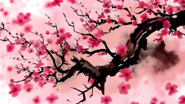 Cherry blossom tree painted in Asian ink style

