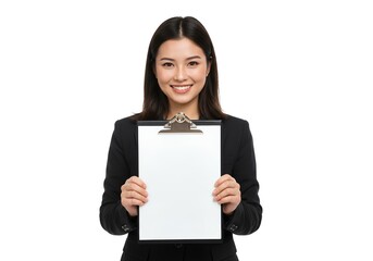 A smiling East Asian woman in a black suit holds up a blank clipboard, looking at the camera.