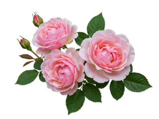 Three delicate pink roses with green leaves and buds isolated on transparent background